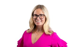 Leslie Martin, metro Detroit Realtor® wearing hot pink dress on transparent background